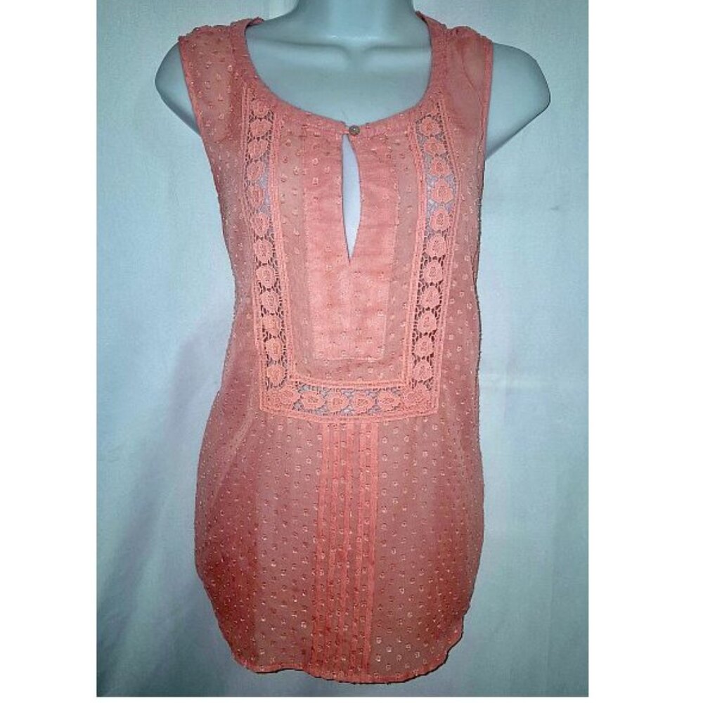 BLACK RAINN sleeveless cover top, sheer, pink w/ floral crochet detail, Large